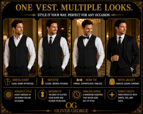 Image of Oliver George 4pc Men's Solid Formal Suit Waistcoat Tuxedo Dress Vest Necktie Bowtie Handkerchief Set for Suit or Tuxedo