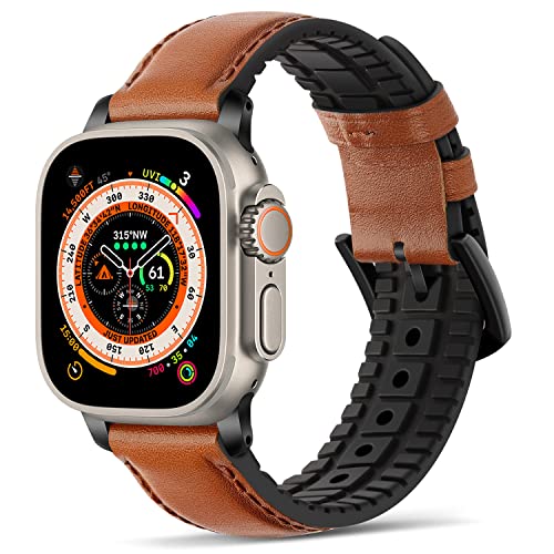 Tasikar Compatible avec Bracelet Apple Watch 45mm 44mm 42mm 41mm 40mm 38mm, Bracelets de Montre en Cuir Véritable Silicone Compatible pour iWatch Série 8 7 6 5 4 3 2 1 SE - 42/44/45mm, Marron Foncé Cover
