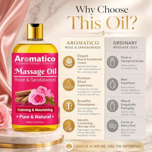 Image of AROMATICO Rose & Sandalwood Massage Oil - Rose Massage Oil with Sandalwood, Almond & Jojoba for Body Relaxation & Skin Nourishment | 300ml