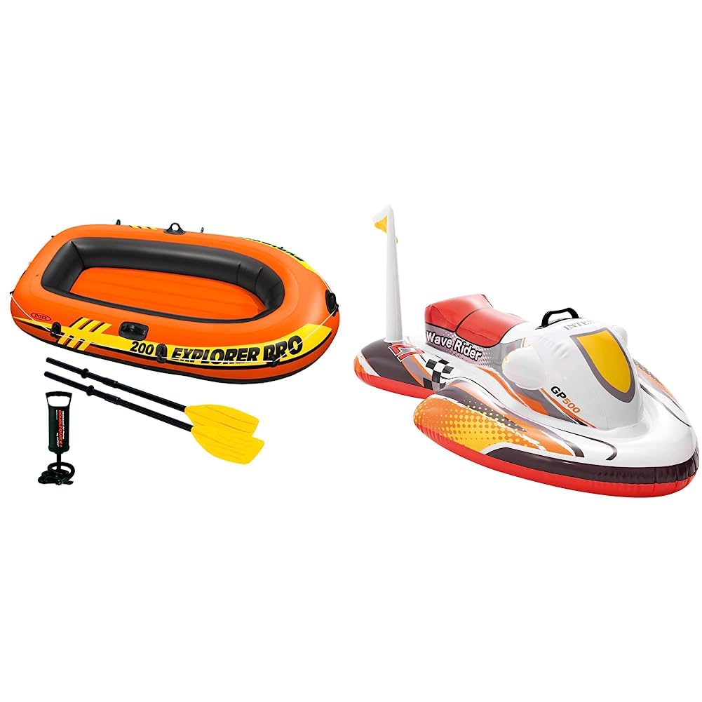 Intex, Barca Hinchable Explorer Pro 200 con Remos E Hinchador Deportes Y Aire Libre, Multicolor, 196 X 102 X 33 Cm & Wave Rider Ride-On