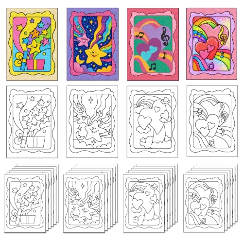 Watersay 24 Pack Unfinished Adhesive Sand Art Painting Boards Peel Stick Pictures 5 x 7 Creating Sand Paper Painting for Adults 6 Each of 4 Designs (Heart & Stars)