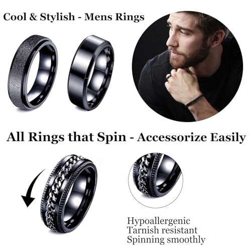 Fidget Rings for Anxiety 4-6pcs Stainless Steel Rings for Men Fidget Ring Black Anxiety Spinner Ring Set for Women Men2