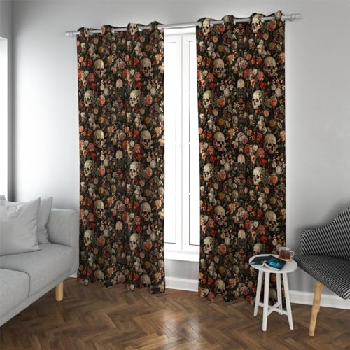 HOBBOY Floral Botanical Curtains Halloween Party Window Drapes Scary Skeleton Skull Pattern Blackout Curtains for Bedroom Living Room 2 Panels 2X W38xL63in