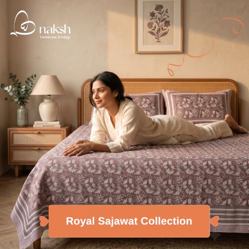 Image of Naksh Queen Size Bed Sheet Dusty Rose Floral Print 2 Pillow Covers | Dusty Rose Botanical Floral Print | Heritage Design for Queen Size Bedrooms