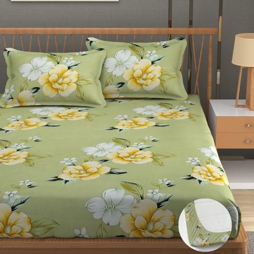 Image of Vram Premium Heavy Cotton Elastic Fitted Bedsheets with 2 King Size Pillow Covers | Diwan Bed with All Around Elastic 350 TC | 48 x 78 x 8 Inch Diwan Size Fitted | :- Light Green Flower