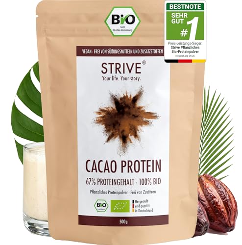 STRIVE CACAO PROTEIN | Vegan | 100% BIO | 500g Natur Eiweiß mit zertifiziertem Bio Kakao | Ohne Süßungsmittel & Aromen | Ohne Soja & Gluten | Mehrkomponenten 4K | Made in Germany DE-ÖKO-039