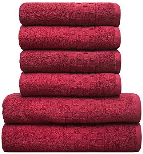 Ensemble de bain 6 pièces - 2 serviettes de bain et 4 serviettes de toilette - 100 % coton - 520 g/m² - Bordure à carreaux - Doux et absorbant - Rouge Cover