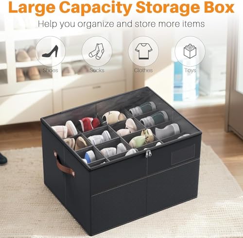 Image of RENVA 12 Pairs Shoe Organizer for Closet, Foldable Shoe Storage Bins with Clear Cover, Large Shoe Box Storage Container with two sides PU handles, Fits up to 12 Pairs. (Black)