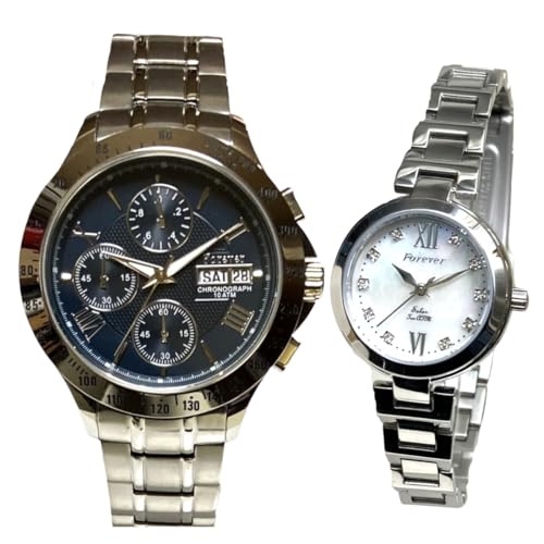 ペアウォッチ 「フォーエバー」 FOREVER 【メンズ】 高速 1/20秒 クロノグラフ 10気圧防水 カレンダー 日付 曜日 タキメーター機能 【レディース】10気圧防水 日本製ソーラームーブメント搭載! (フォーエバー) (ネイビー&-1) FG-2