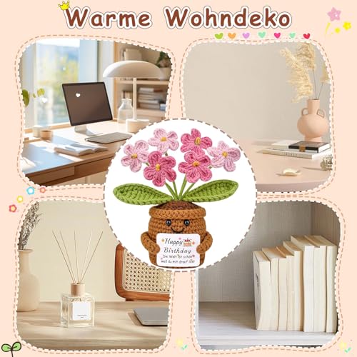 Mwmoeen Gestrickte Blumen Geburtstagsgeschenk für Frauen, Handgemachte Vergissmeinnicht Rosa Geburtstags Blumen, Pocket Hug Positive Geschenk für Freundin Frau Mama