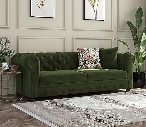 Image of Solid Wood Velvet Fabric L Shape Sofa Sofa for Living Room Button Tufted Sofa Chair for Home & Office (Left Aligned L-Shaped (3 Seater Green)