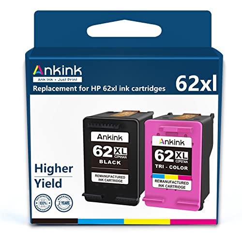 Ankink Higher Yield Remanufactured HP 62XL Ink Cartridge Replacement for 62 HP62XL hp62 XL Envy 5540 5640 5660 7640 7645 OfficeJet 200 250 5740 8040 Printer Black Color (TRIColor) Combo 2 Pack c2p07an