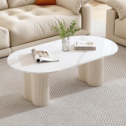 TUPAFJU Runder Couchtisch mit Schieferplatte für das Wohnzimmer, moderner rechteckiger Couchtisch(White1,100cm/39.3in)