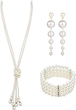 MIVAIUN 3 Piezas Juego de Joyas de Perlas de Plástico,Juego de Perlas de Los Años 20,Pendientes de Perlas,Pulsera de Perlas,Collar de Perlas de los años 20,Joyería de Perlas para Mujer