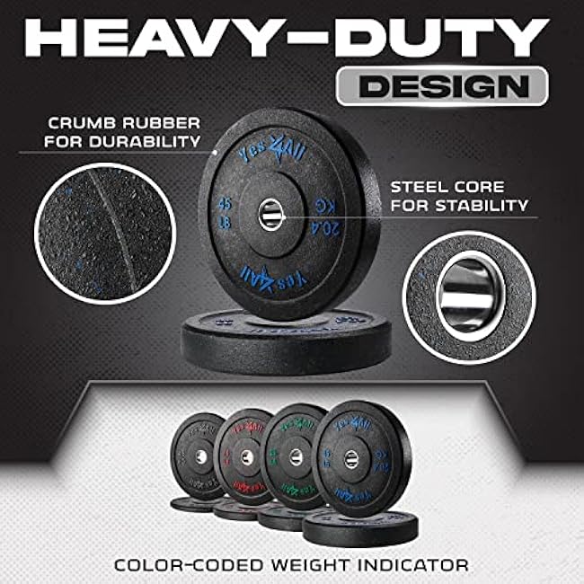 Yes4All 2 Bumper Plate, 10-190 LB Olympic Rubber Weight Plate with Steel Hub for WeightLifting, Strength Training, Home Gym, Less Impact, Absorb Bounce & Shock, Multiple Options