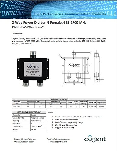 Cogent’s 2-way power splitter with N type female 50 Ohm connectors supporting 695-2700 MHz
