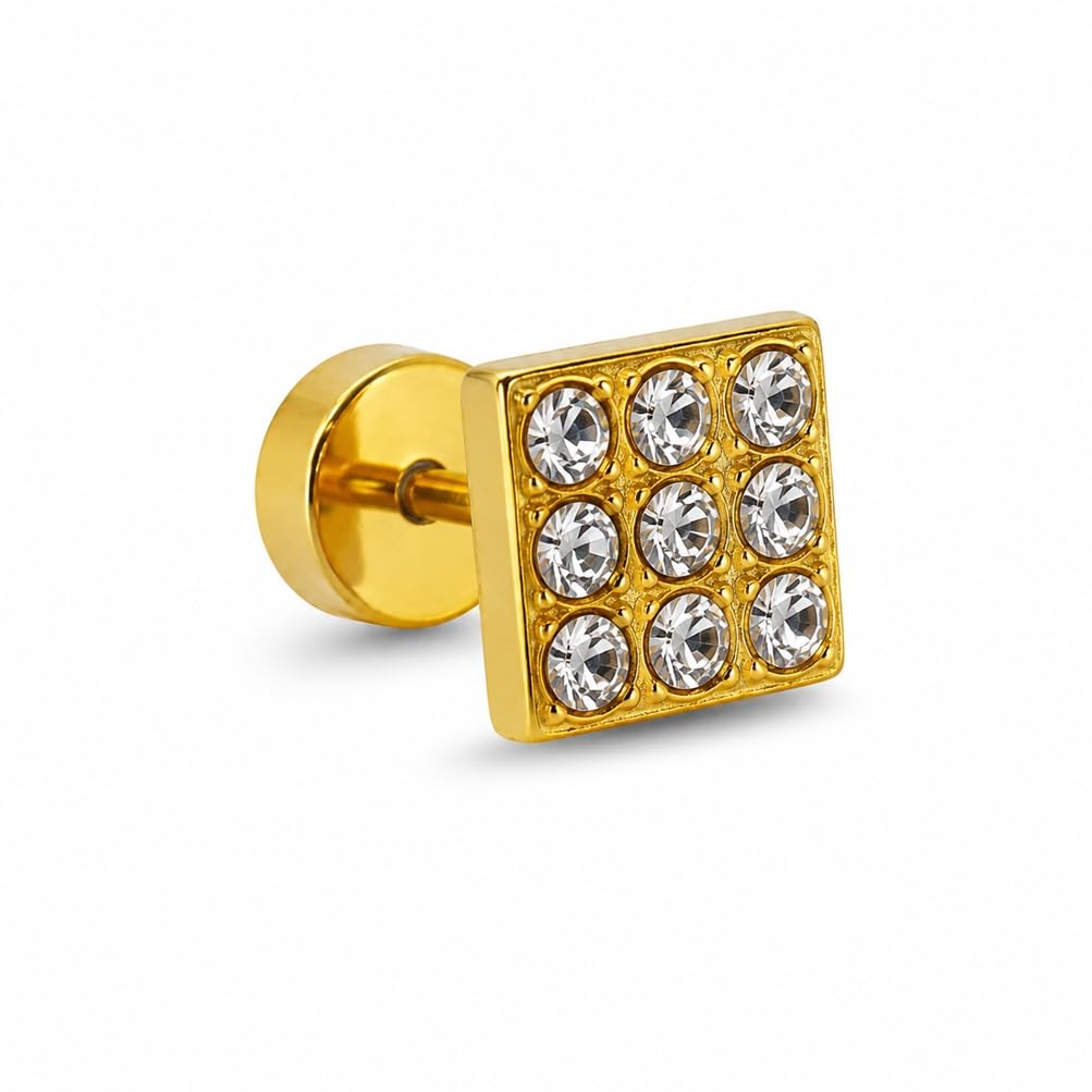 Men Golden Square Ear Earrings & Studs with Crystal Stone Design, Premium Shine & Stylish Wear Look-image-45