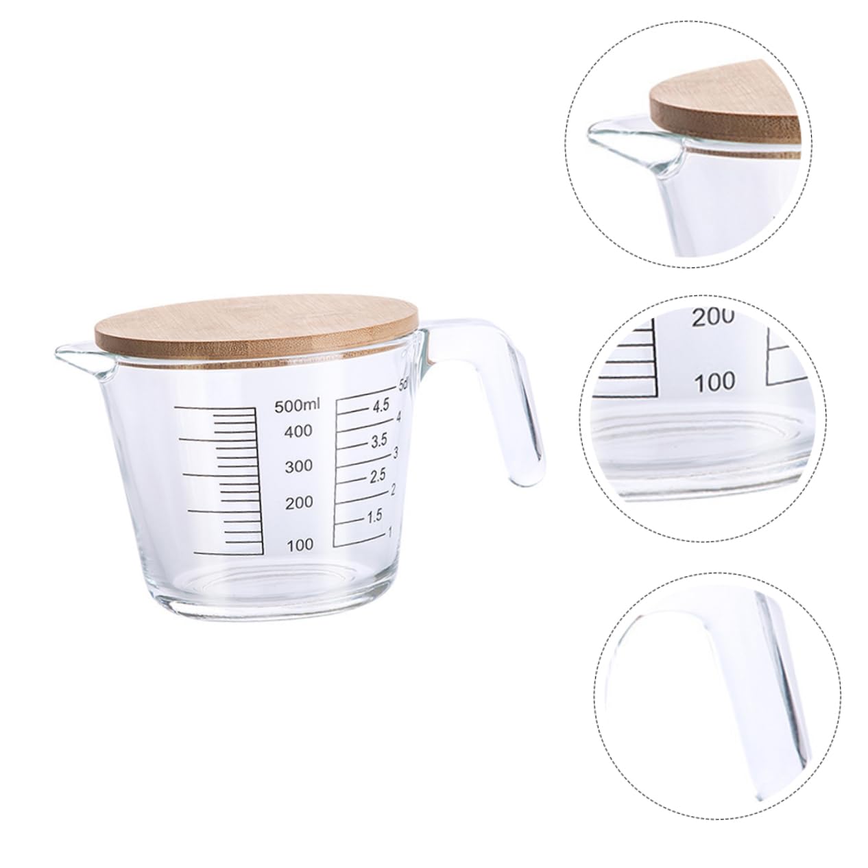 Hemobllo Pichet Doseur Pratique en Verre Résistant la Chaleur avec Échelle Graduée et Couvercle en Bois, Tasse à Mesurer pour Jus et Crème Cuisine