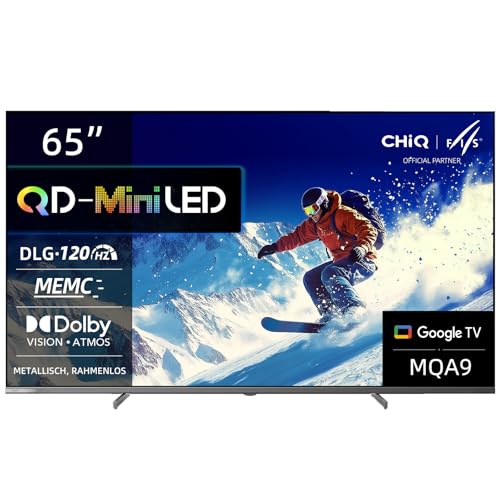 CHIQ M65QA9 65 Zoll(146 cm) 4K UHD QD-Mini LED Smart Google TV, DLG 120Hz*(Software-Enhanced), HDR10, Dolby Vision& Atmos, Chromecast, Airplay, Prime Video, Integrierter Google Assistant