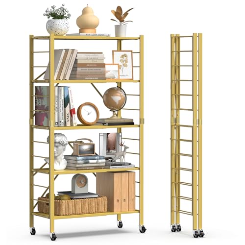 Image of Himix 5-Tier Storage Shelf with Wheels Foldable Expandable Adjustable Gold | Folding shelving units, Metal collapsible organization, Changeable into 2 shelf units, Basement, Kitchen, Holds 2400 Ibs