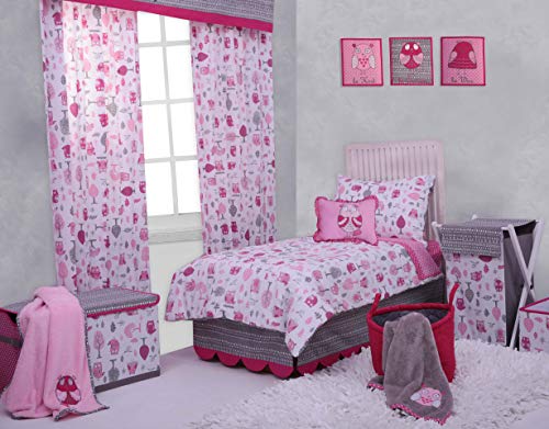 Bacati - Owls Pink/Grey Girls Cotton 3 Pc Full/Queen Comforter Set, Grey/Pink