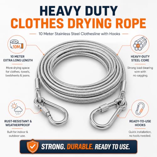 Image of 10 Metre Heavy-Duty Stainless Steel Clothesline Rope | Rust-Resistant Steel Cloth Drying Wire with Carabiner Hooks | Strong Dori for Balcony, Bathroom, Terrace, Indoor & Outdoor Use