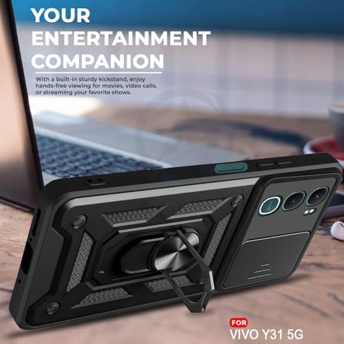 Image of Luxe Back Cover Compatible for Vivo Y31 | D10 Tough Armor Case | Sliding Camera Shield | 360 Protection | Kickstand Ring Holder | Military-Grade Bumper Case - Black