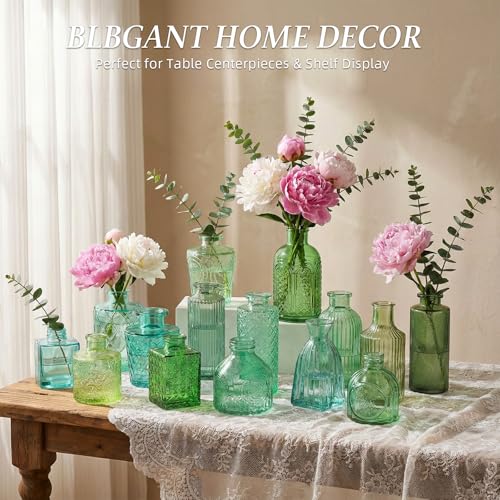 Set of 15 Green Colored Glass Bud Vases - Small Textured view 6