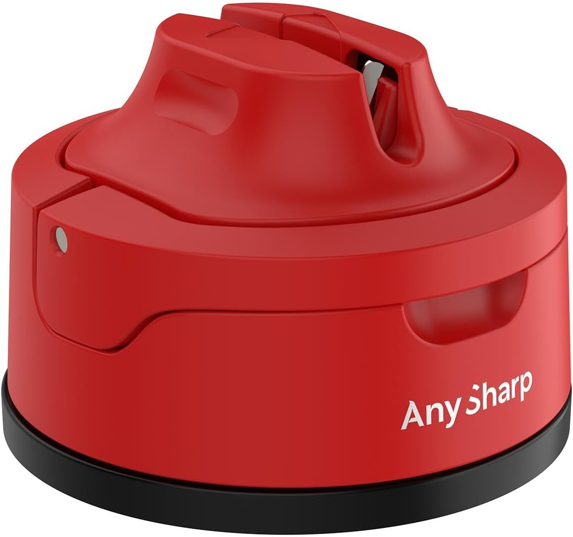 AnySharp Evo Knife Sharpener, Hands-Free Safety, PowerGrip Suction, Safely Sharpens All Kitchen Knives, Ideal for Hardened Steel & Serrated, World's Best, Compact, One Size, Red