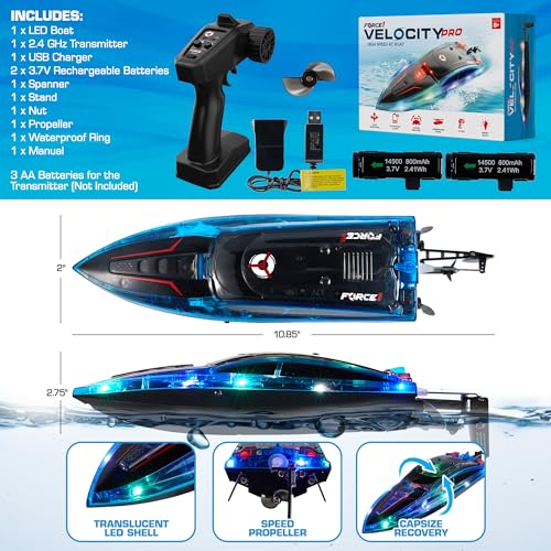 image for Force1 Velocity Pro LED RC Boat- Remote Control Boats for Adults and K