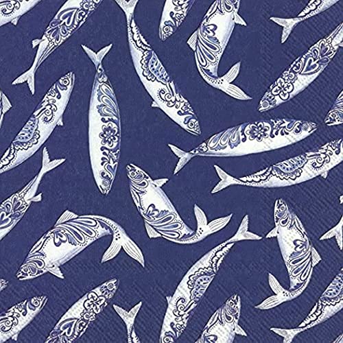 IHR - L 897740 - Paper napkins, lunch napkins, pack of 20, fish, decorative fish, blue, 16.5 cm x 16.5 cm, 3-ply.