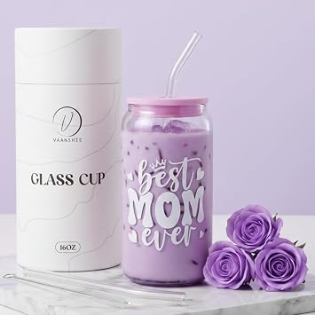 Gifts for New Mom BestMom Ever Coffee Cup with Straw [Purple] 16oz Glass with Lid, Mom-to-Be Gift, Mothers Day Present, Printed Iced Coffee Mug, Drinking Glass for Expecting Moms