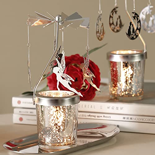 Mecela Spinning Candle Holder With Cup, Silver Rotating Candlestick Set For Romantic Wedding, Christmas Party, Home Table Decorations, Favor Gift (Moon Cat) #TOP4