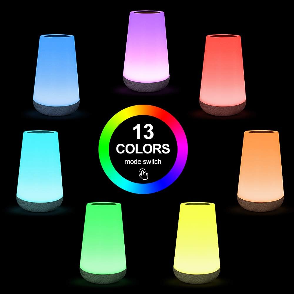 Table Lamp Touch Night Light - Portable Sensor Remote Control Bedside Lamps with Quick Rechargeable USB Dimmable Warm White Light 13 Colors RGB Table Lamp for Bedroom Living Room Office (white wood)