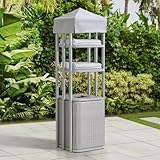 Sunjoy Aluminum Frame Pool Towel Valet Tower with 2-tier Shelves And A Large All-Weather Wicker Storage Basket for Dirty Towels, Grey
