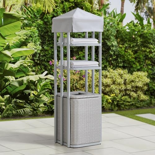 Sunjoy Aluminum Frame Pool Towel Valet Tower with 2-tier Shelves And A Large All-Weather Wicker Storage Basket for Dirty Towels, Grey