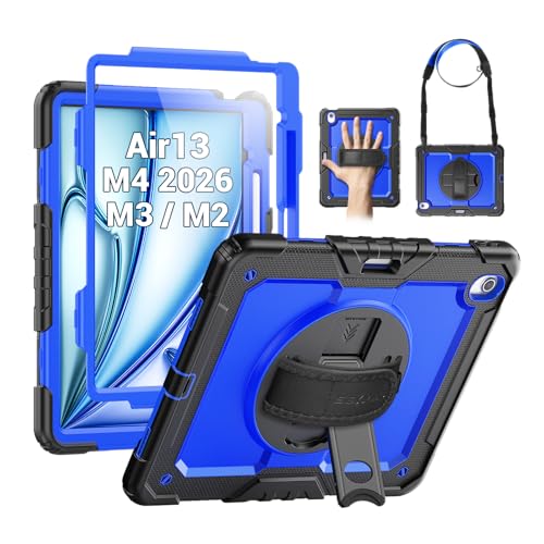 Image of SEYMAC for iPad Air 13 Inch Case M4 / M3 / M2 (2026 /2025 / 2024), Heavy Duty Shockproof Protective Case with Screen Protector, 360 Rotating Stand, Hand /Shoulder Strap and Pen Holder, Blue