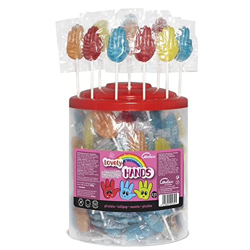 Caramelos Cerdán - Piruletas con Forma de Mano de Sabores Variados | Caramelo Duro con Palo sin Gluten ni Alérgenos | Ideal para Fiestas, Navidad y Cumpleaños | Tarro de 125 Unidades