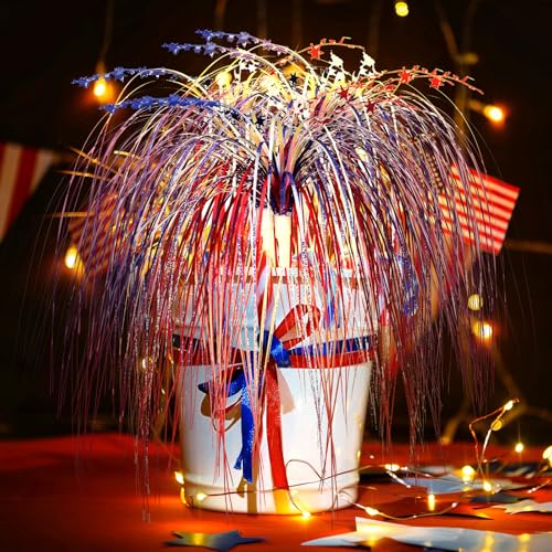 Image of DoubleFill 6 Pack 27.6 Inch 4th of July Fireworks Memorial Day Patriotic 250th Table Centerpiece Red White and Blue Stem Picks Star American Independence Day Decorations Table Centerpieces Decor