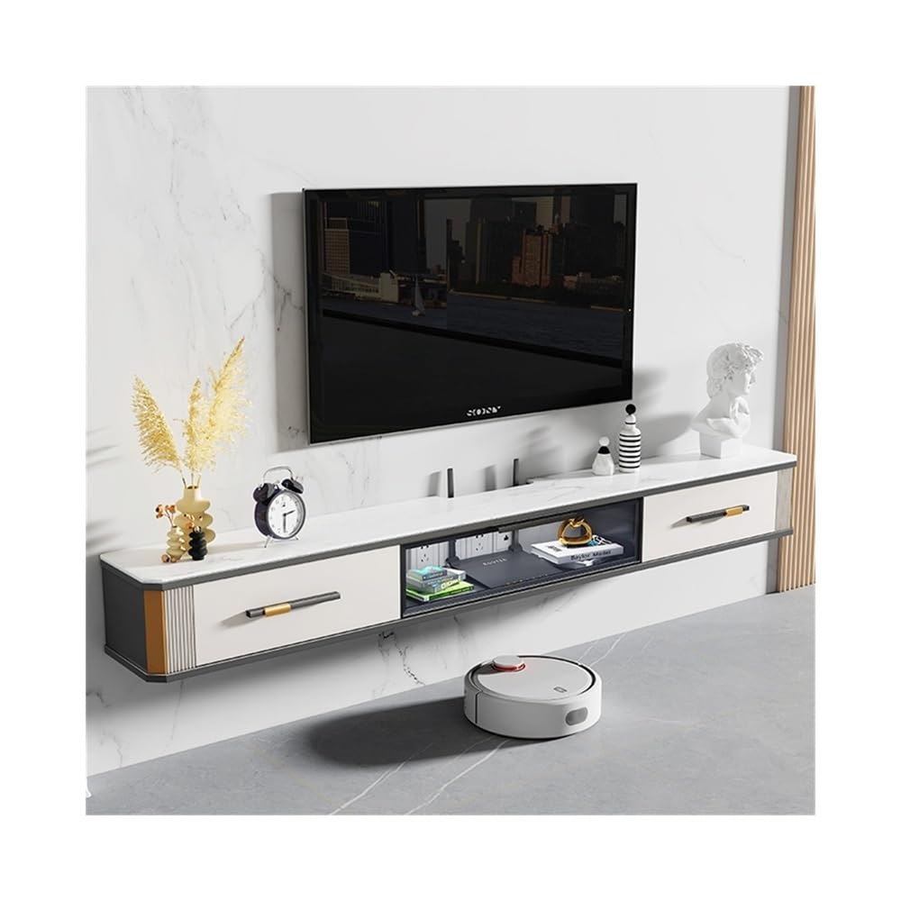 Porta TV Mobile TV sospeso sotto la con ampio spazio di archiviazione, moderna consolle multimediale sospesa lusso porta a ribalta in vetro e piano in pietra, 4 colori Consolle(Bianco,200x25x24cm)