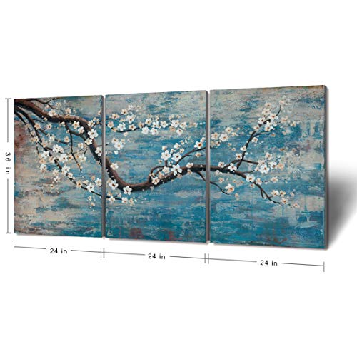 Image of Extra Large Wall Art for Living Room 100% Hand-Painted Framed Decorative Floral Oil Painting Set Decorative Modern Blue Tree Artwork Ready to Hang 72 inchx36 inch