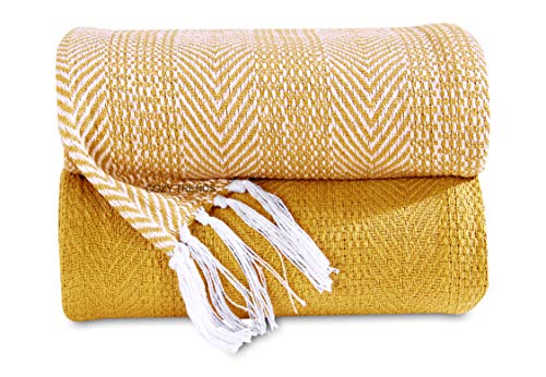 Luxurious Hand Woven Cozy Warm Combed Cotton All Season Indoor Outdoor Light Weight Fade Resistant Couch Chair Bed Throw Blankets Batik 50x60 Inch Set of 2 (Yellow)