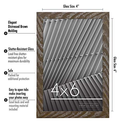 Americanflat 4x6 Picture Frame with Shatter-Resistant Glass - Streamline Collection - Thin Border Photo Frame for Tabletop and Wall - Hanging Hardware and Easel Stand Included - Distressed Brown