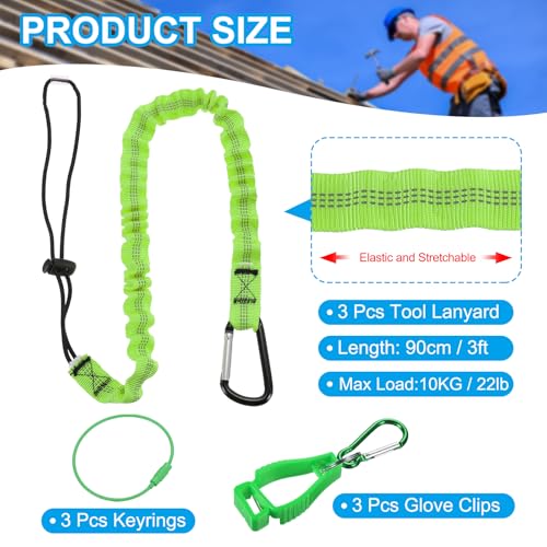 Image of MECCANIXITY Retractable Tool Lanyard 3ft with Aluminum Buckle and Adjustable Loop End, Included Glove Clamps and Keychains, Fall Protection Tools Leash for Hand Tools, Green 3 Pack