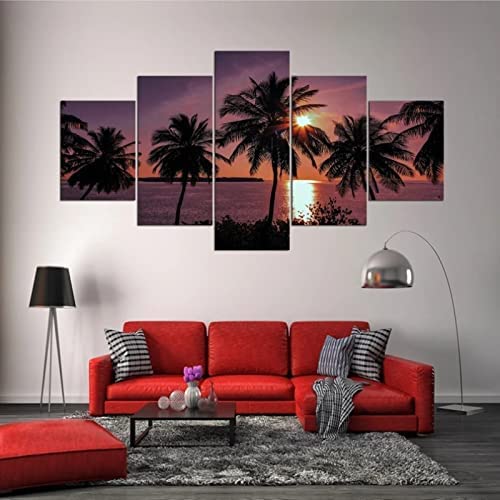 Prints On Canvas 5 Piece Canvas Wall Art Coconut Tree Sunset Ocean Landscape Picture Home Decoration Living Room Bedroom Canvas Painting On Canvas Room Artwork Canvas Paintings (Xl/With Fr -0N6T/L0L