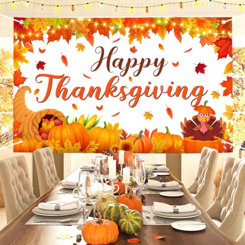 Image of Large Thanksgiving Banner Decorations Outdoor 72x44 Inch,Turkey Maple Leaf Pumpkin Decorations Gifts for Indoor Home House Decor Party Supplies,Yard Sign Background for Photography