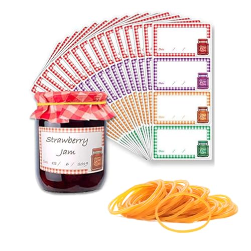 SSKHE 50 Jam Jar Doilies Paper Set with Labels Red Vintage Paper Doilies Rubber Bands Jam Jar Labels & Covers for Canning Jars Homemade Preserves & Gift Wrapping Wedding Party Crafts Baking DIY