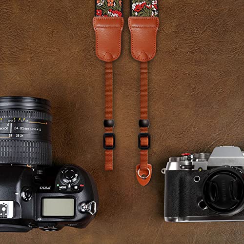 Image of Padwa Lifestyle Green Flower Camera Strap for All DSLR Cameras,Double Layer Cowhide Ends,2 inch Wide Pure Cotton Embroidered Woven Camera Straps,Adjustable Neck & Shoulder Strap,Gift for Photographers