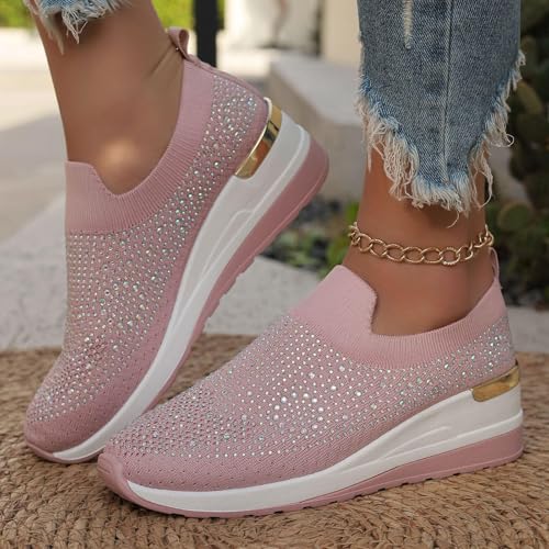 Rhinestone Sneakers for Women 2025,Women's Rhinestone Mesh Slip-On Walking Shoes Fashion Breathable Spakle Glitter Sneaker Orthopedic Wedge Lightweight Shoes Sparkly Bling Loafer2