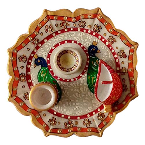 India Meets India Handicraft Handpainted Marble Puja Thali, Puja Plate, 9